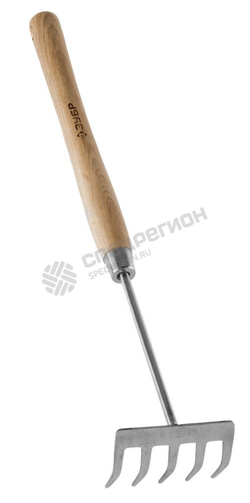 Фотография Грабельки ЗУБР "ЭКСПЕРТ" из нержавеющей стали, деревянная ручка из ясеня, 5 прямых зубцов, 88x65x480