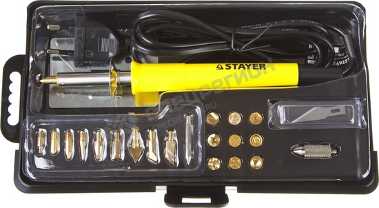 Фотография Прибор для выжигания STAYER "PROFESSIONAL", 3в1, с набором насадок 20шт 45227