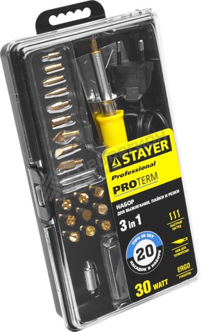 Фотография Прибор для выжигания STAYER "PROFESSIONAL", 3в1, с набором насадок 20шт 45227