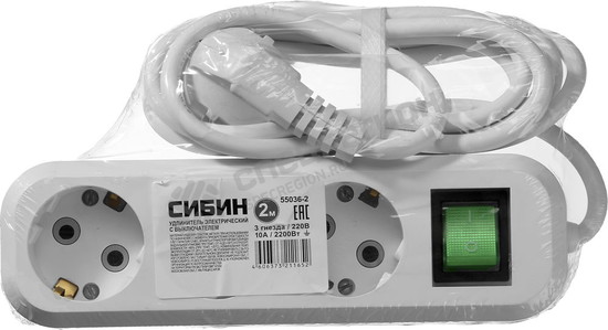 Фотография Удлинитель СИБИН электрический, ПВС сечение 0,75кв мм, 3 гнезда, макс мощн 2200Вт, 2м, заземление, в