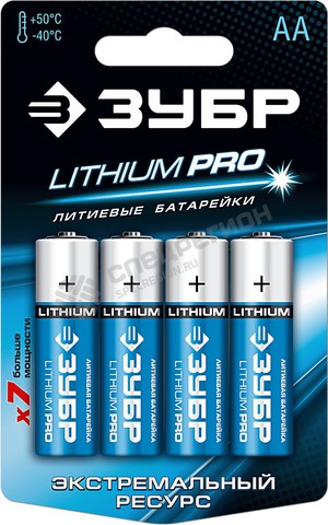 Фотография Батарейка 59202-4C ЗУБР "Lithium PRO", литиевая Li-FeS2, "AA", 1,5 В, 4шт