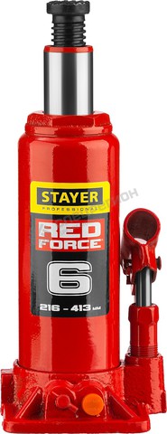 Фотография Домкрат 43160-6-K_z01 гидравлический бутылочный "RED FORCE", 6т, 216-413 мм, в кейсе, STAYER 43160-6