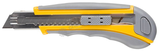 Фотография Нож 09142 STAYER "MASTER" двухкомпонентный корпус,серо-желтый,серая кнопка,автостоп,допфиксатор,касс