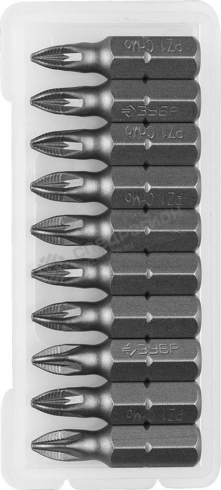 Фотография Биты 26003-1-25-10 ЗУБР "МАСТЕР" кованые, хромомолибденовая сталь, тип хвостовика C 1/4", PZ1, 25мм,