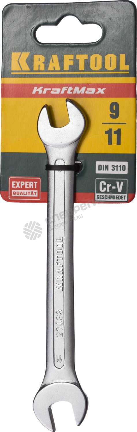 Фотография Ключ KRAFTOOL "EXPERT" гаечный рожковый, Cr-V сталь, хромированный, 9х11мм 27033-09-11