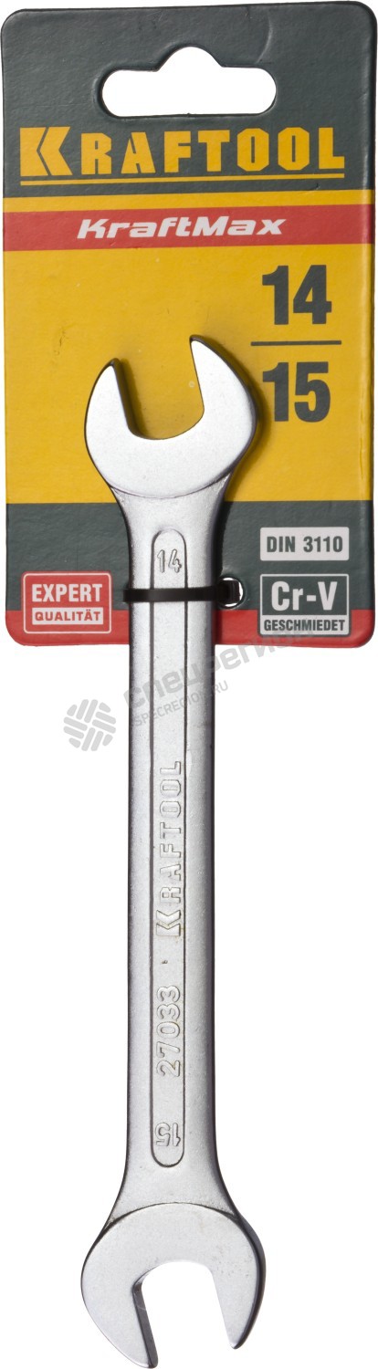 Фотография Ключ KRAFTOOL "EXPERT" гаечный рожковый, Cr-V сталь, хромированный, 14х15мм 27033-14-15