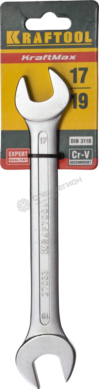 Фотография Ключ KRAFTOOL "EXPERT" гаечный рожковый, Cr-V сталь, хромированный, 17х19мм 27033-17-19