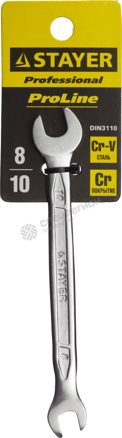 Фотография Ключ STAYER "PROFI"" гаечный рожковый, Cr-V сталь, хромированный, 8х10мм 27035-08-10