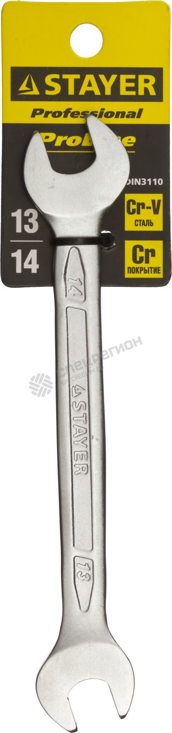 Фотография Ключ STAYER "PROFI"" гаечный рожковый, Cr-V сталь, хромированный, 13х14мм 27035-13-14