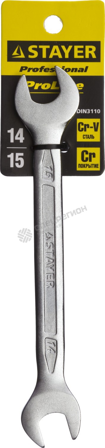 Фотография Ключ STAYER "PROFI"" гаечный рожковый, Cr-V сталь, хромированный, 14х15мм 27035-14-15