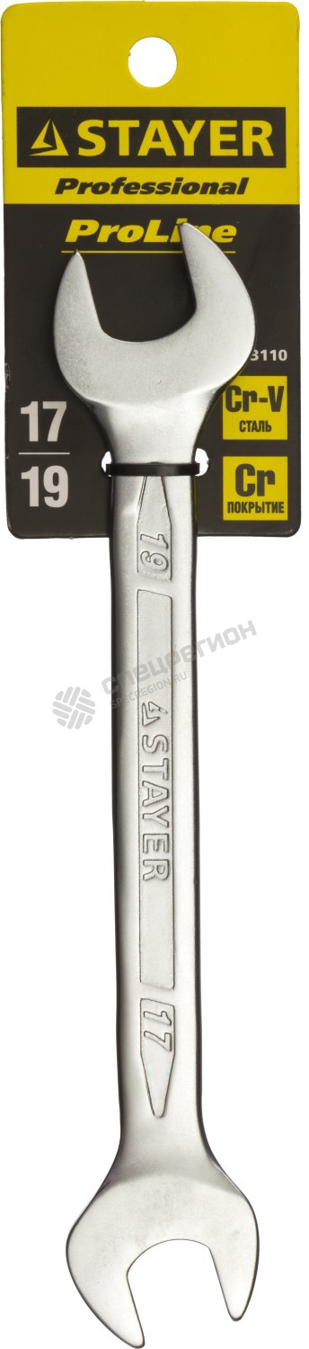 Фотография Ключ STAYER "PROFI"" гаечный рожковый, Cr-V сталь, хромированный, 17х19мм 27035-17-19