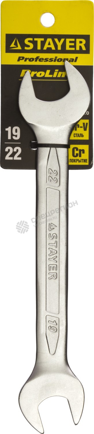 Фотография Ключ STAYER "PROFI"" гаечный рожковый, Cr-V сталь, хромированный, 19х22мм 27035-19-22