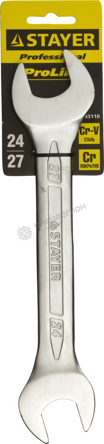 Фотография Ключ STAYER "PROFI" гаечный рожковый, Cr-V сталь, хромированный, 24х27мм 27035-24-27