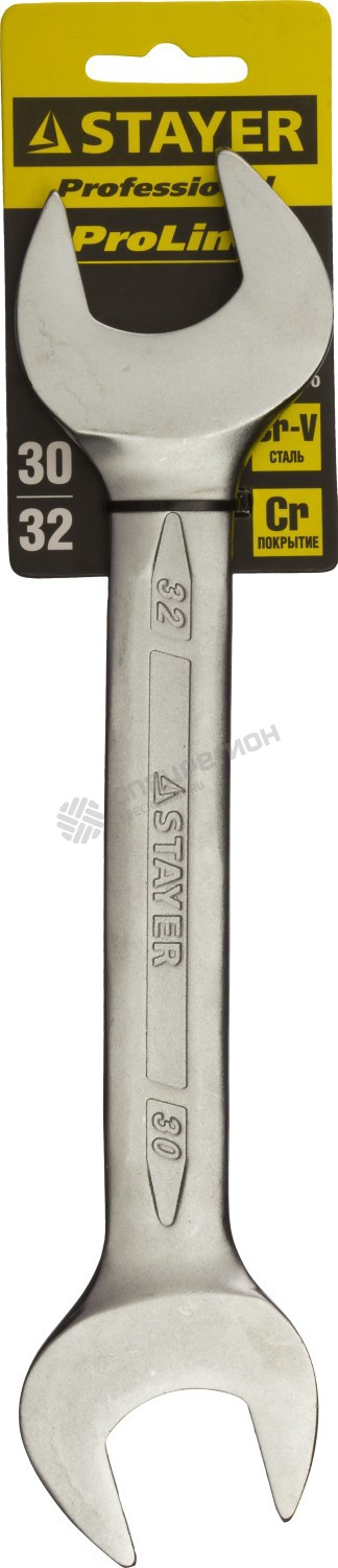 Фотография Ключ STAYER "PROFI"" гаечный рожковый, Cr-V сталь, хромированный, 30х32мм 27035-30-32