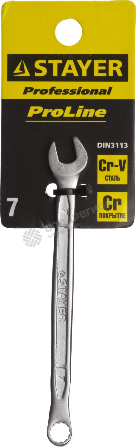 Фотография Ключ STAYER "PROFI"" гаечный комбинированный, Cr-V сталь, хромированный, 7мм 27081-07