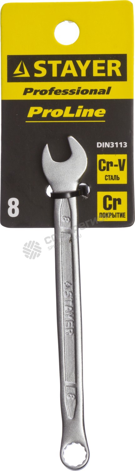Фотография Ключ STAYER "PROFI"" гаечный комбинированный, Cr-V сталь, хромированный, 8мм 27081-08