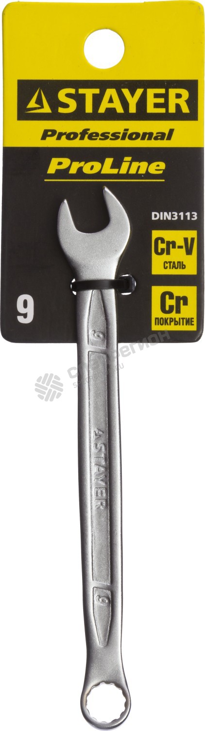 Фотография Ключ STAYER "PROFI"" гаечный комбинированный, Cr-V сталь, хромированный, 9мм 27081-09