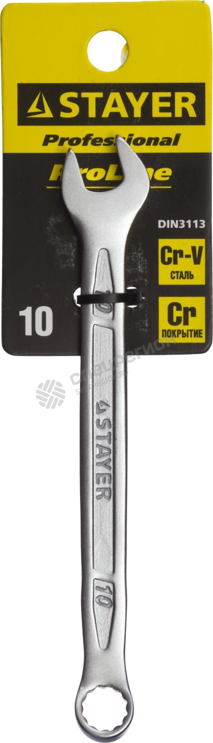 Фотография Ключ STAYER "PROFI"" гаечный комбинированный, Cr-V сталь, хромированный, 10мм 27081-10