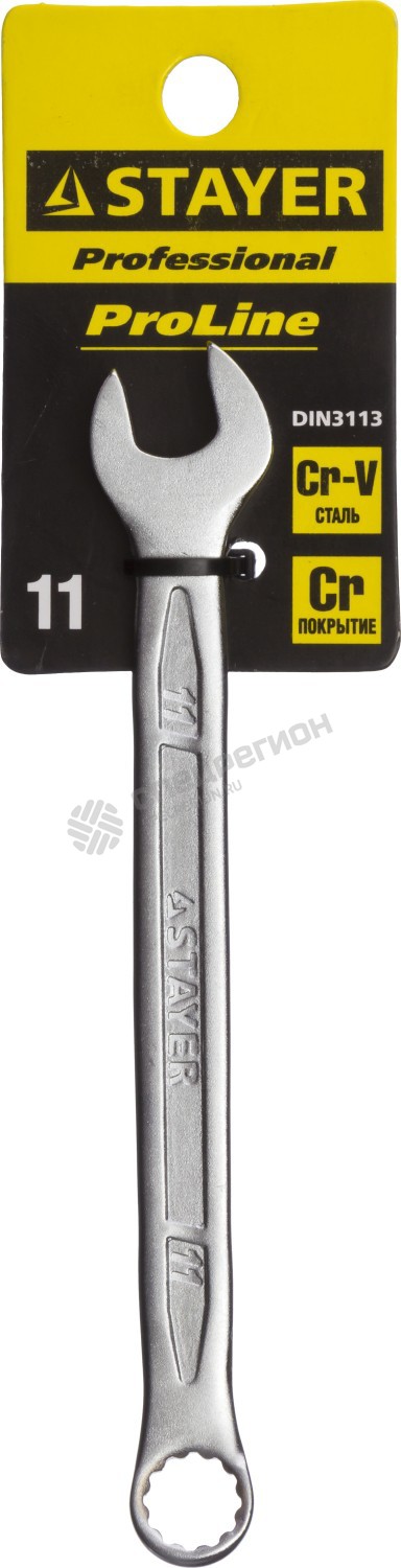 Фотография Ключ STAYER "PROFI"" гаечный комбинированный, Cr-V сталь, хромированный, 11мм 27081-11