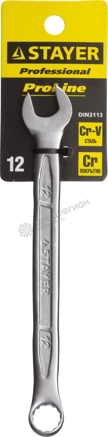 Фотография Ключ STAYER "PROFI"" гаечный комбинированный, Cr-V сталь, хромированный, 12мм 27081-12