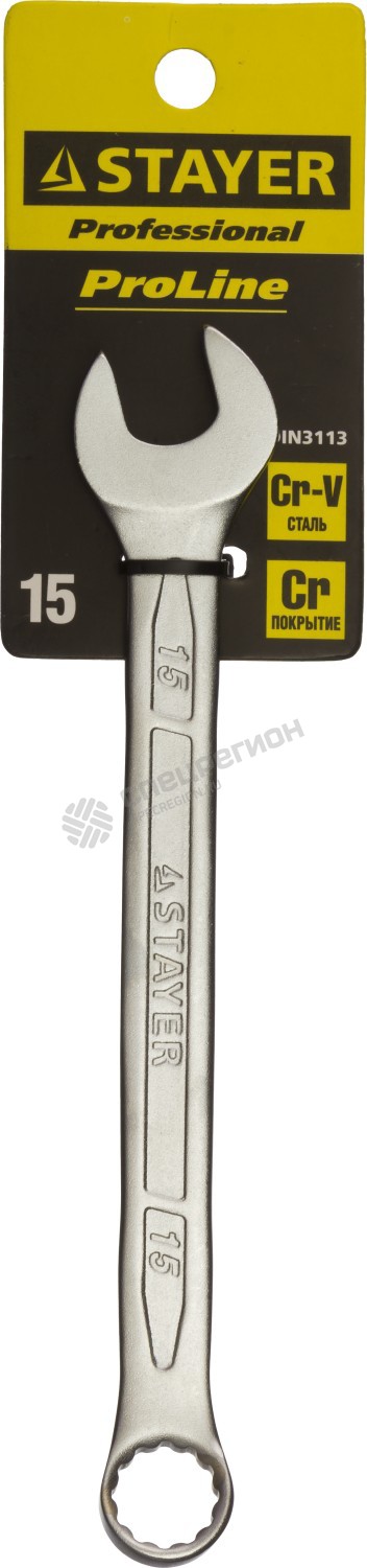 Фотография Ключ STAYER "PROFI"" гаечный комбинированный, Cr-V сталь, хромированный, 15мм 27081-15