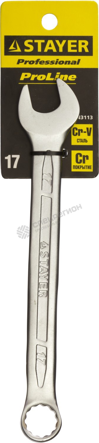 Фотография Ключ STAYER "PROFI"" гаечный комбинированный, Cr-V сталь, хромированный, 17мм 27081-17