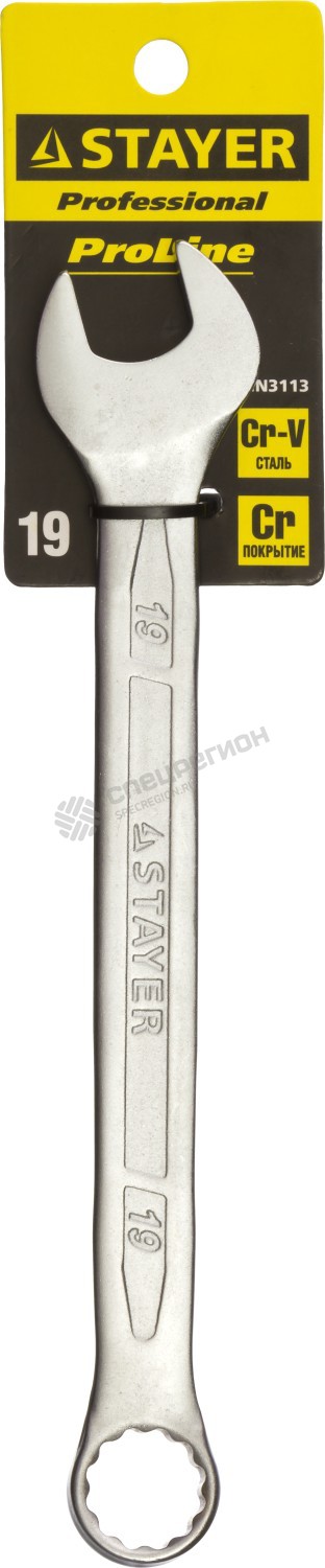 Фотография Ключ STAYER "PROFI"" гаечный комбинированный, Cr-V сталь, хромированный, 19мм 27081-19