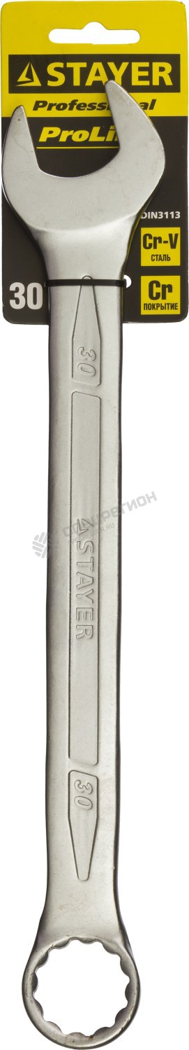 Фотография Ключ STAYER "PROFI"" гаечный комбинированный, Cr-V сталь, хромированный, 30мм 27081-30