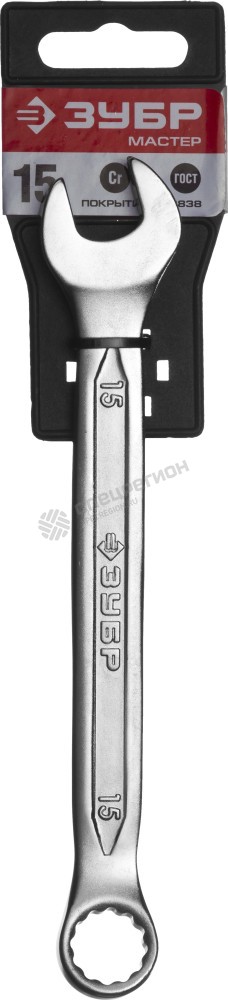 Фотография Ключ ЗУБР "МАСТЕР" гаечный комбинированный, Cr-V сталь, хромированный, 15мм 27087-15