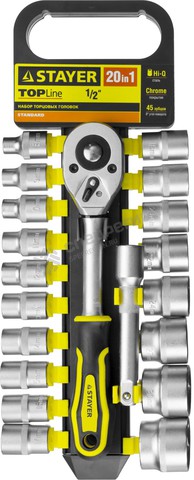 Фотография Набор STAYER "STANDARD": Торцовые головки (1/2") на пластиковом рельсе, трещотка, удлинитель, 8-32мм