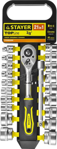 Фотография Набор STAYER "STANDARD": Торцовые головки (3/8") на пластиковом рельсе, трещотка, удлинитель, 6-24мм