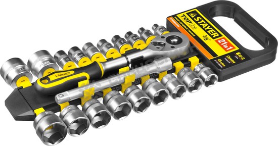 Фотография Набор STAYER "STANDARD": Торцовые головки (3/8") на пластиковом рельсе, трещотка, удлинитель, 6-24мм