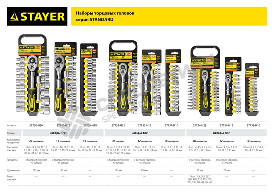 Фотография Набор STAYER "STANDARD": Торцовые головки (3/8") на пластиковом рельсе, трещотка, удлинитель, 6-24мм