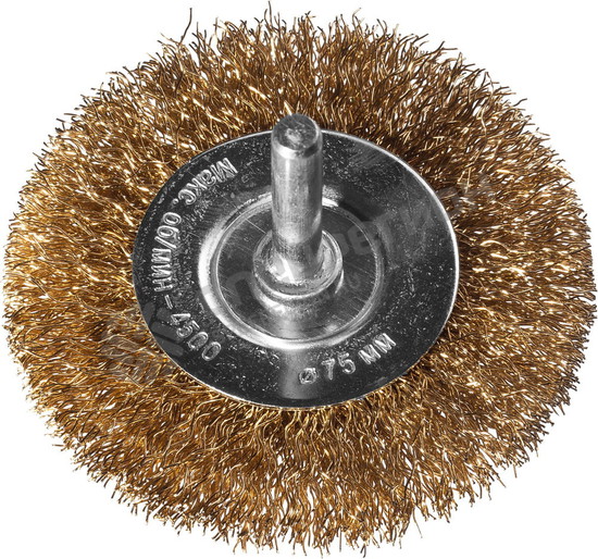 Фотография Щетка DEXX дисковая со шпилькой, витая стальная латунированная проволока 0,3мм, d=75мм 35110-075