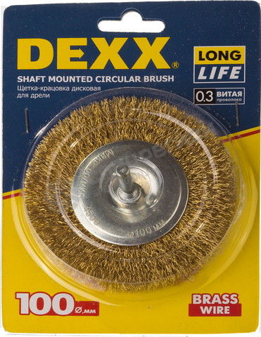 Фотография Щетка DEXX дисковая со шпилькой, витая стальная латунированная проволока 0,3мм, d=100мм 35110-100