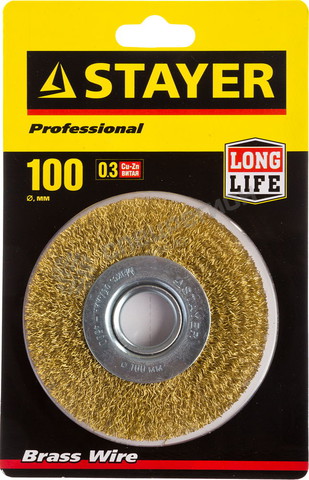 Фотография Щетка STAYER "PROFESSIONAL" дисковая  для УШМ, витая стальная латунированная проволока 0,3мм, 100мм/