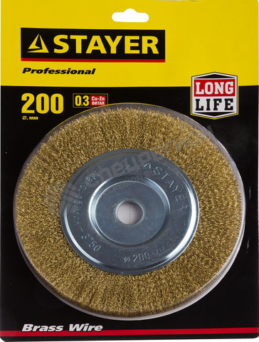 Фотография Щетка STAYER "PROFESSIONAL" 35122-200 дисковая  для УШМ, витая стальная латунированная 0,3мм, 200мм/